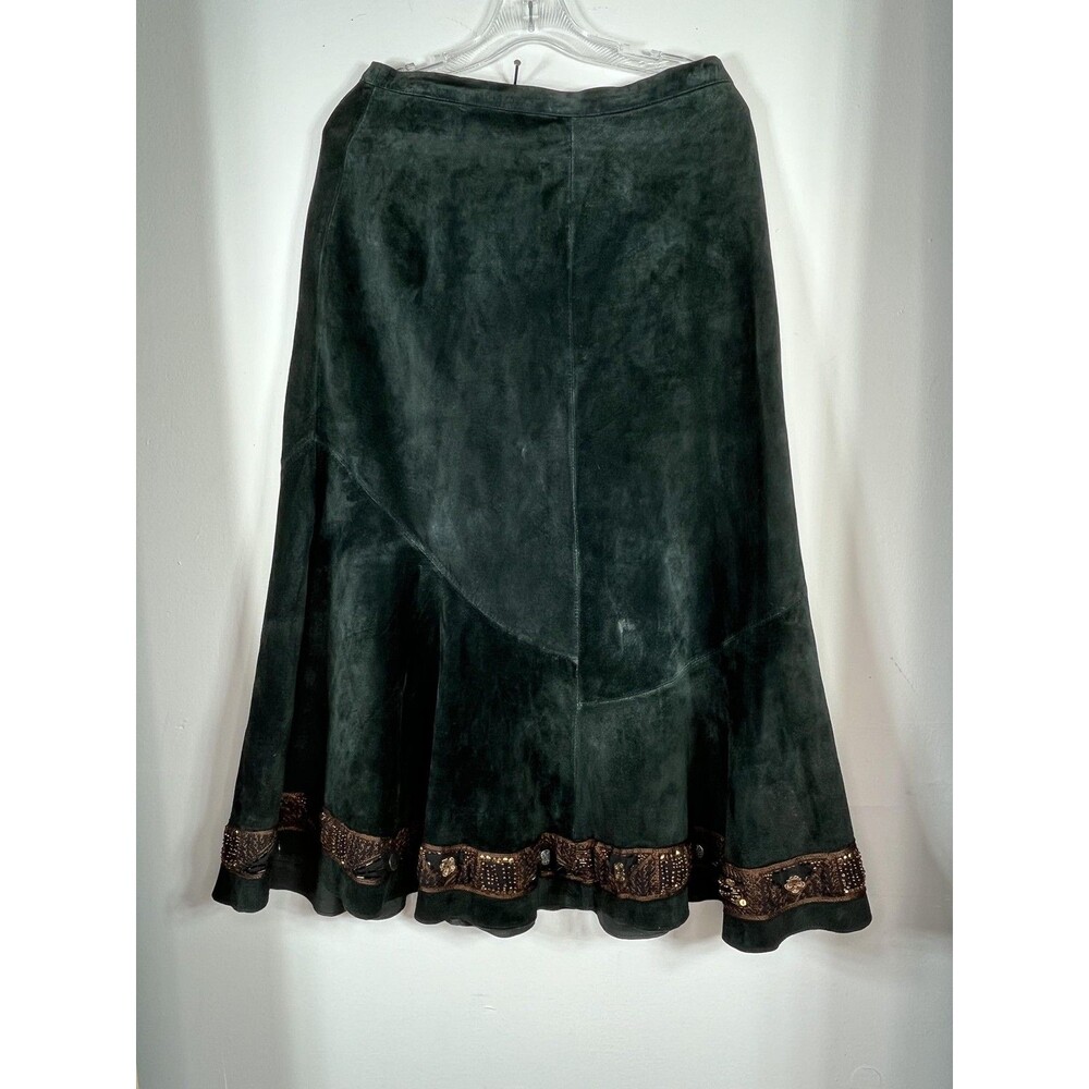 Chico's Skirt Womens Size M 1 Green Leather Velvet Beaded Embroidered Flare Midi